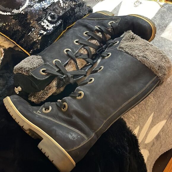 Timberland Mirney black grey fur leather suede lace up knee high boots tims 8.5 - Picture 7 of 12